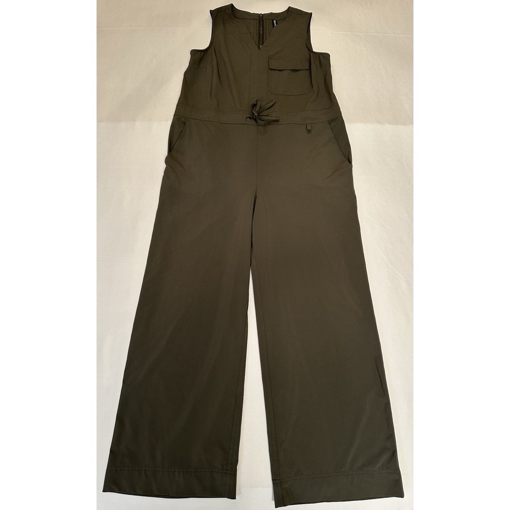 Athleta Olive Green Wide Leg Jumpsuit Small Stretch Travel Utility Tie Waist